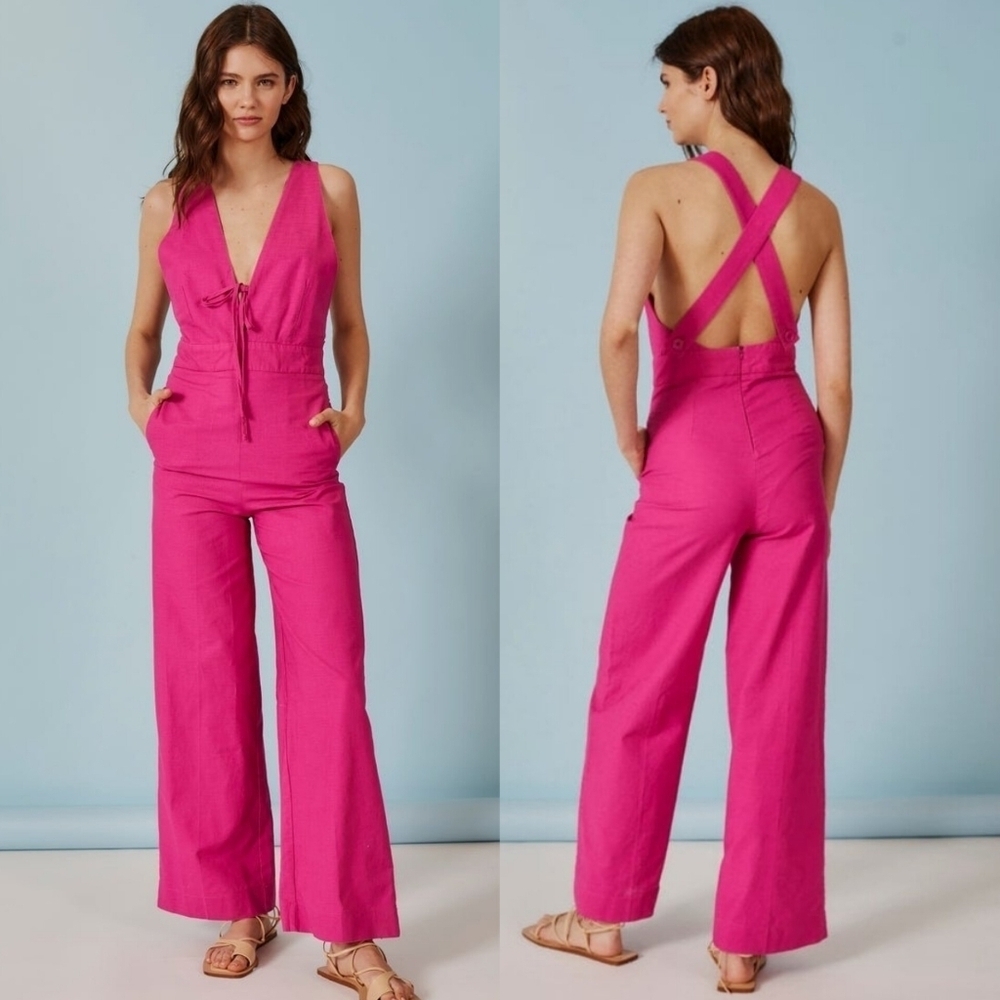 NWT Deluc Hot Barbie Pink Tie Front Linen Blend Jumpsuit XS Backless Wide Leg